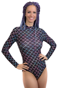 Swimsuit with a Scale Pattern and Long Sleeves